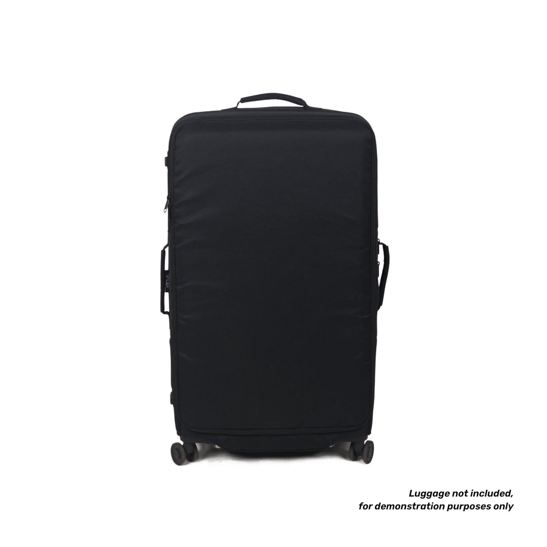 Suitcase with black luggage protector on a white background with text indicating that the luggage is not included and it&