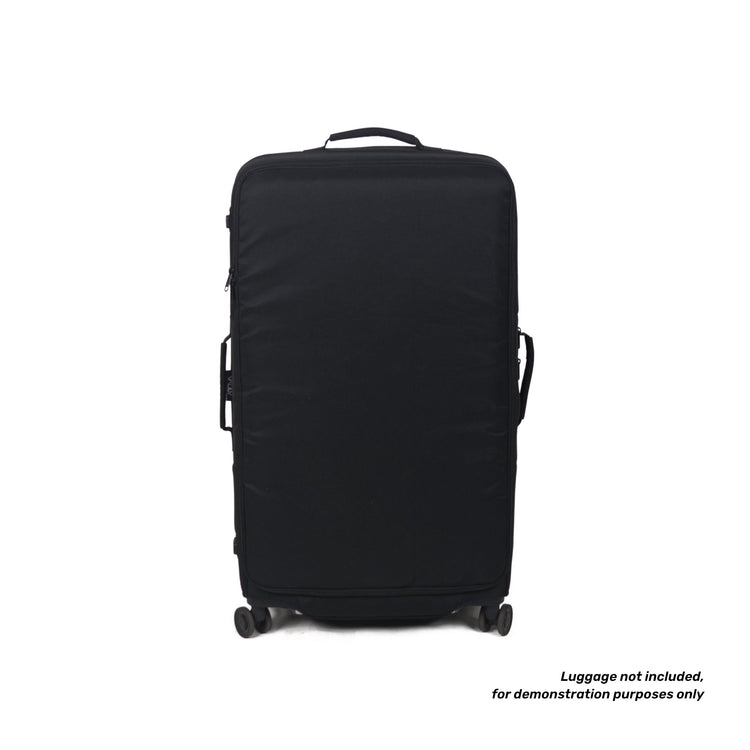 Suitcase with black luggage protector on a white background with text indicating that the luggage is not included and it's for demonstration purposes only.
